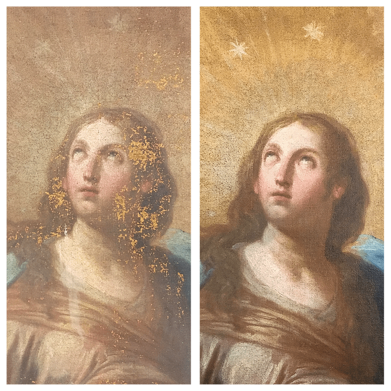 Confronto prima e dopo il restauro di un dipinto raffigurante l'Immacolata – Esempio di intervento OCRA Restauri